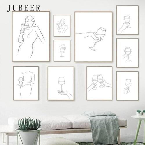 Woman Line Sheets for Paintings Wine Glass Wall Decoration Poster Canvas Wall Art Bedroom Picture Home Living Room Decorations