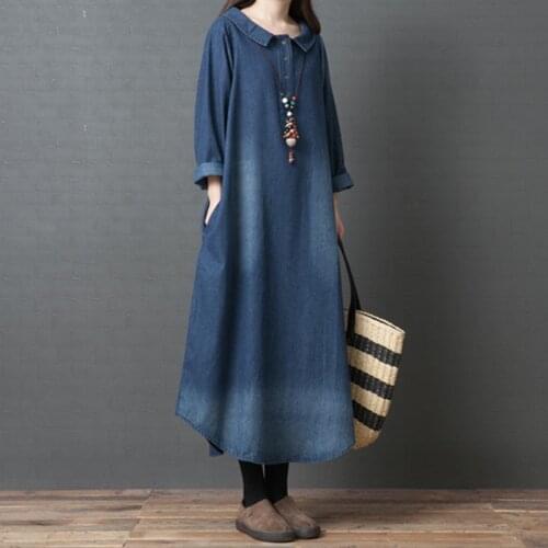 Women Denim Dress 2019 Spring Autumn New Loose Large Size Long Sleeves Maxi Dress Vintage Robe Party Jeans Dresses Vestidos R493