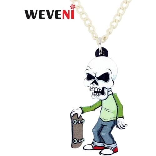 WEVENI Acrylic Anime Halloween Skateboard Skull Skeleton Necklace Pendant Chain Choker Punk Jewelry For Women Girls Party Bulk