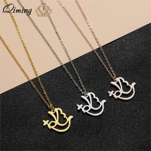 QIMING PEACE Of Love Pigeon Dove Pendant Necklace Women Ladies Arabic Letter Simple Style Cute Bird Animal Necklaces Gift
