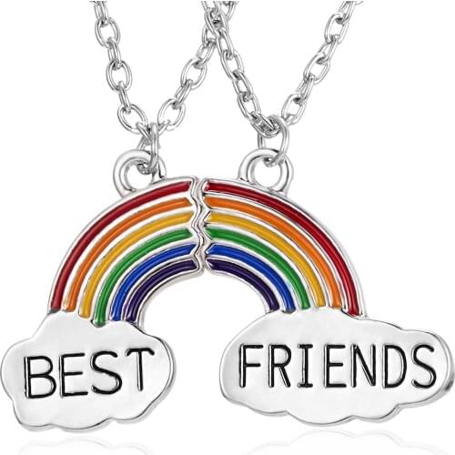 2Pcs/set Rainbow Heart Cloud Stitching Engrave Best Friend Forever Necklace Pendant Friendship BFF Couple Jewelry Birthday Gift
