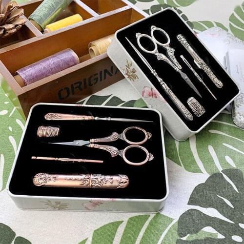 5Pcs/ Set Sewing Tool Set European Vintage Scissors/ Needle Bottle/ Sewing Thimble/ Storage Box Sewing Kits For Needlework