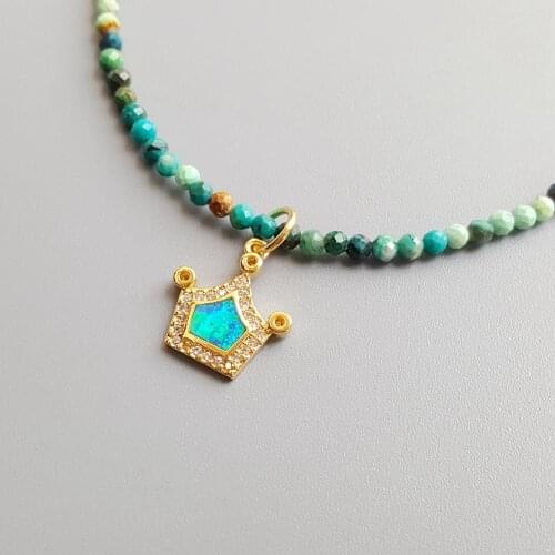 Lii Ji Genuine Chrysocolla Lab-created Opal Crown Charm Necklace 40cm+5cm Delicate Jewelry For Children or Women