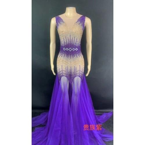 Sparkling Rhinestone Long Chiffon Tail Dress Women Celebrate Birthday Dress Prom Party Outfit Singer Stage Performance Costume