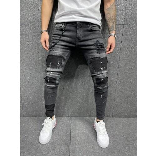 Brand New Mens Skinny Fit Ripped Patchwork Pencil Denim Pants Slim Fit Destroyed Comfy Stretch Jeans Pants, Black