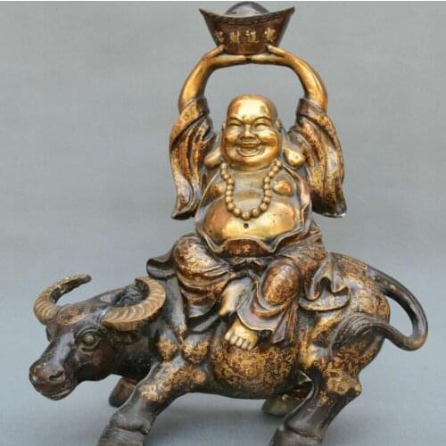 Chinese FengShui old bronze yuanbao Maitreya Buddha sit cattle ox wealth statue