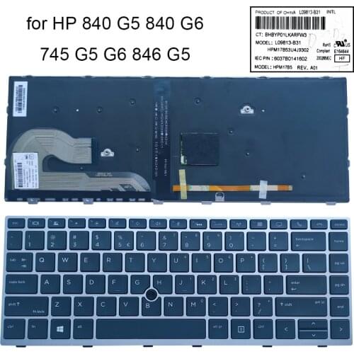 English backlight Keyboard for HP EliteBook 840 G5 745 G5 G6 846 G5 US laptop keyboards backlit silver frame L09813-B31 HPM17B5