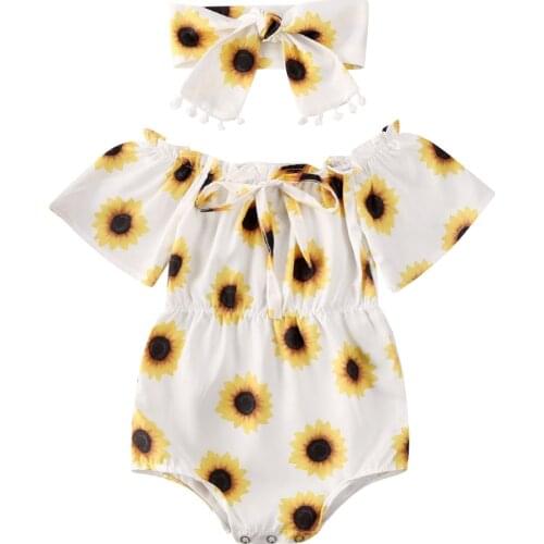 2 Pieces Summer Print Sunflower Toddler Children Clothes Sets Little baby Girls Ruffle Tops Long Skirted Headband Outfits