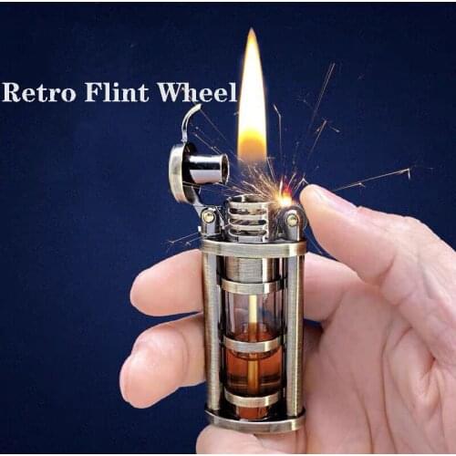 Creative portable metal kerosene stove, flint windproof lighter brass, gasoline vintage, smoking gift