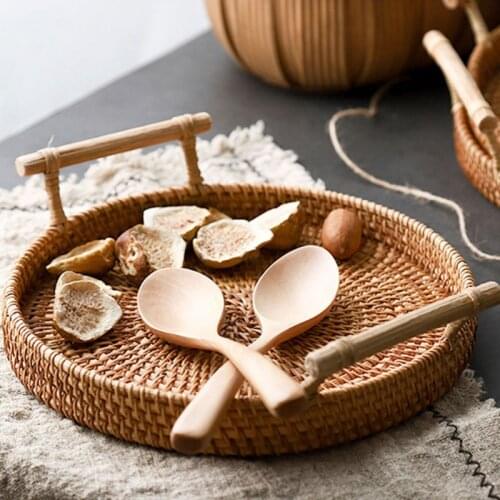 Round Hand-woven Fruit Storage Basket Rattan Bread Serving Handcrafted Tray Basket Bread Fruit Food Breakfast Display