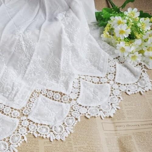 1 Yard Lace Fabric Ivory Cotton Fabric Retro Floral Embroidery Scalloped Cotton Lace Fabric for Wedding Dress Curtain Tablecloth