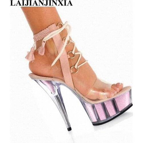 LAIJIANJINXIA NEW Women Pumps Sexy Transparent Glass Fashion Slipper Woman Sandals 15CM Ultra High Heels Shoes Large Size 34-46