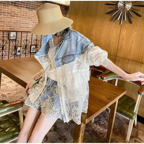 Patchwork Denim Lace Hollow Coat Summer Fashion New Sun-Protective Clothing Women High-Quality Ventilate Loose Elaborate Jackets