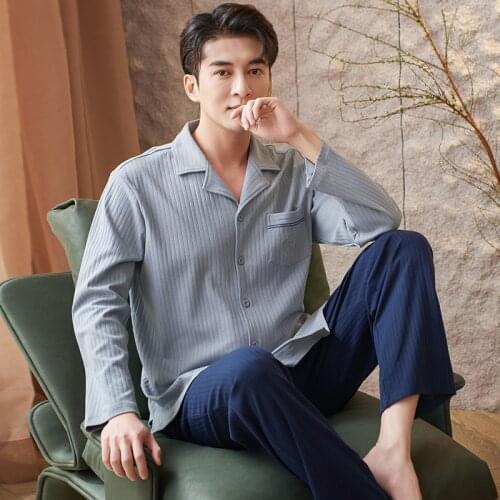 Spring Autumn Men 2PCS Cotton Pajamas Set Plus Size 3XL Sexy Turn-Down Collar Pyjamas Sleep Suit Nightwear Lounge Home Sleepwear