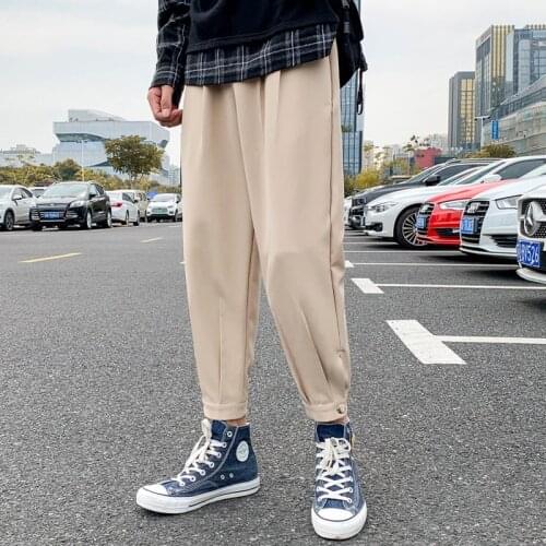 2021 Spring Summer Mens Harem Pants Ankle Length Solid Tapered Split Casual Trousers Khaki Black Korean Drawstring Bottoms