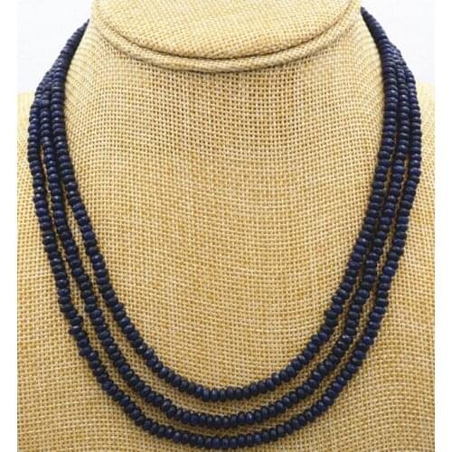 NATURAL Brazil 3 Rows 2X4mm FACETED DARK Blue BEAD NECKLACE 17-19"