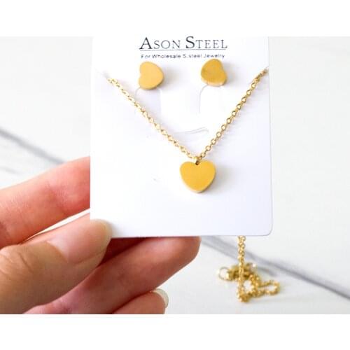 Stainless Steel Gold Color Sweet Heart Pendant Necklace and Stud Earrings Set for Women Girl Anniversary Gift Jewelry Set