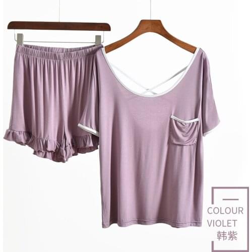 Two-piece Short Sleeve Shorts Pyjamas Suit Womens Modal Pajamas Summer Large Size Loose Backless Home Wear Thin Casual Sleepwear
