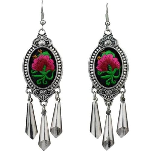 Selling Jewelry>>MYTHIC AGE Vintage Bohemian Beautiful Embroidered Flower Oval Tassel Drop Earrings For Women New Jewelry