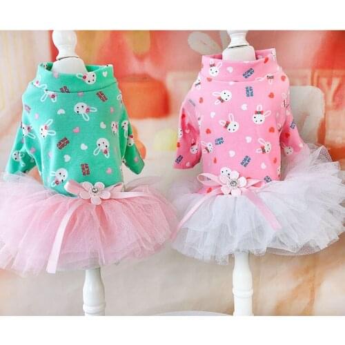 Cute Dog Cat Dress Cotton Pink Green Rabbit Pattern Tiered Fluffy Skirt For Puppy Cat Clothes For Maltese Sweet Pups Dresses Pet