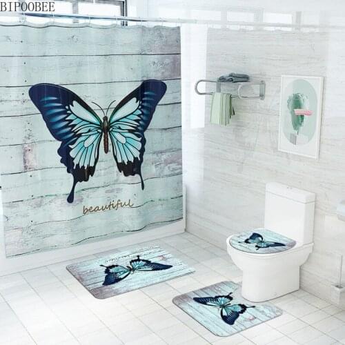Beautiful Butterfly Pattern Bathroom Shower Curtain and Rug Sets Polyester Waterproof Bath Curtains Flannel Toilet Seat Cover