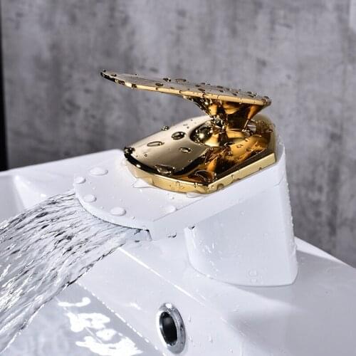 Senducs White Gold Bathroom Faucet Luxury White Waterfall Basin Sink Faucet Quality Brass White Gold Waterfall Bathroom Tap