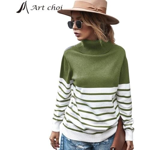 Fashion Autumn Winter Women Casual Stripe Knitted Sweater Pullover Female Turtleneck Knitwear Simple All-Match Tops Patchwork