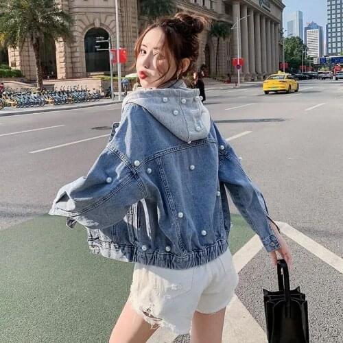 IHOBBY Women Blue Peal Deim Jacket Hooded Long Sleeve Korean Fashion Girls Streewear Jeans