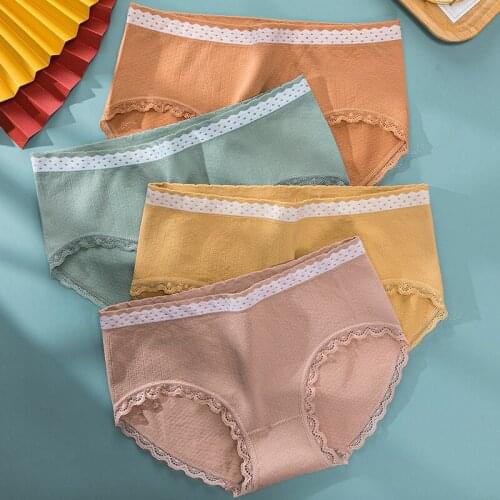 Wasteheart New Women Fashion Cotton Mid Waist Panties Lace Underwear Lingerie Seamless Briefs Underpants F Plus Size