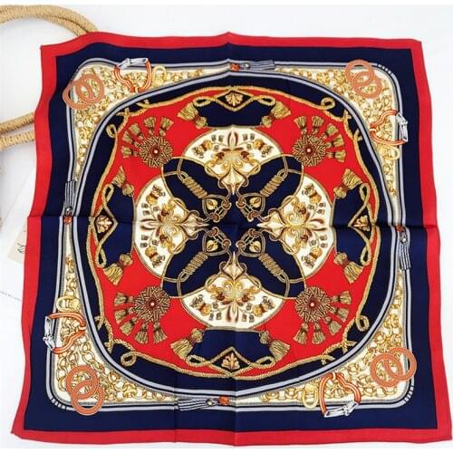 POBING 100% Pure Silk Scarf Women Spain Geometric Print Square Scarves Small Head Handkerchief Wholesale Hijab Wraps 53x53CM