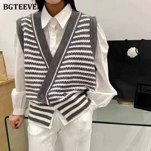 BGTEEVER Vintage Irregular Double Breasted Women Cardigans Tops Autumn V-neck Sleeveless Loose Striped Female Knitted Sweaters