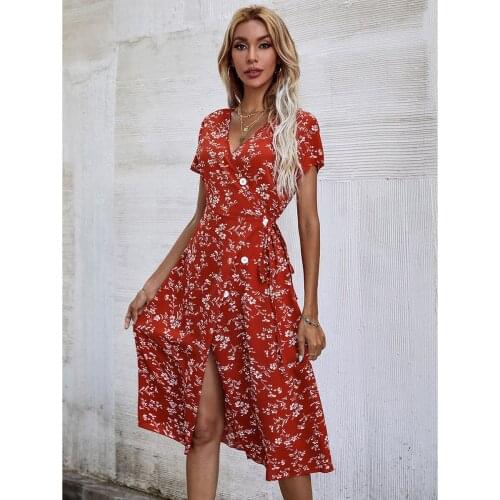 2021 Summer Elegant Midi Dress Red Ladies Floral Wrap V Neck Beach Fashion Button Lace-up Split Dresses for Women