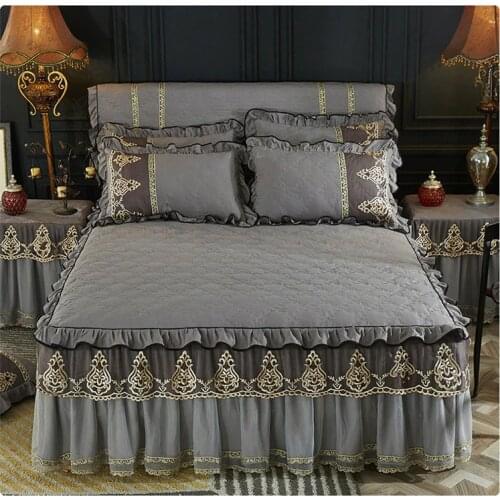 Winter Warm Thick Fitted Sheet Pillowcases 1/3pcs Gray Bedding Mattress Cover Solid Lace Princess Bedspread Bed Skirt King Queen