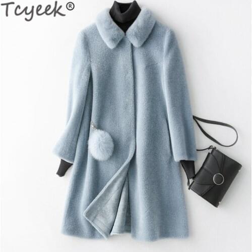 100% Sheep Shearing Jacket Women Winter Mink Fur Collar Clothes 2020 Korean Real Fur Coat Female Long Wool Jacket Top Hiver 1965
