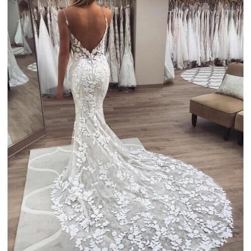2020 mermaid Wedding Dresses 3D Floral Applique Lace backless Sweep tulle Train Plus Size boho beach Bridal Gowns Robe De