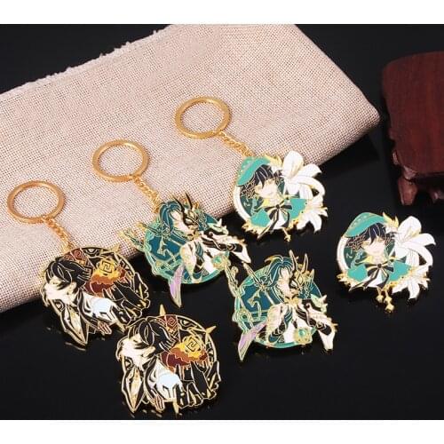 Anime Genshin Impact Metal Key Chains Cartoon Venti Zhongli Xiao Pendant Keyring Fashion Badge Brooch Pins Decor Cosplay Gifts
