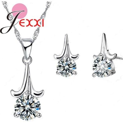 Big Promotion Silver Jewelry Set Shiny AAA CZ Stone Pendant Necklace Stud Earrings for Women Fast Shipping