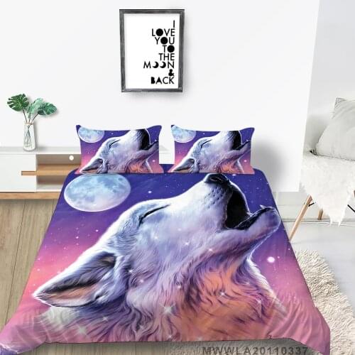 White Wolf Bedding Set For Girls Sweet Full Moon Duvet Cover Starry Sky King Queen Single Double Full Twin Bed Set Animal Series