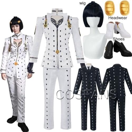 Anime JoJo‘s Bizarre Adventure Bruno Bucciarati Cosplay Costume Black White Suits Uniform Zentai Full Set Halloween wig shoes