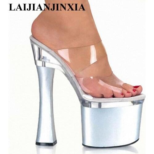 LAIJIANJINXIA Transparent High Heels Sandals 18cm High-Heeled Shoes Sexy Hand Made Stripper Shoes 8CM Platform Womens Slippers
