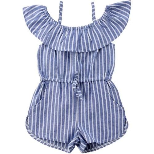 Summer Blue Striped Romper for 1-6Y Toddler Kids Baby Girl Clothes Off shoulder Cape Collar Strap Romper Jumpsuit Outfits