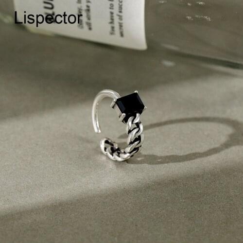 Lispector 925 Sterling Silver Retro Square Black Agate Rings for Women Vintage Asymmetry Chain Ring Party Unisex Jewelry Gifts