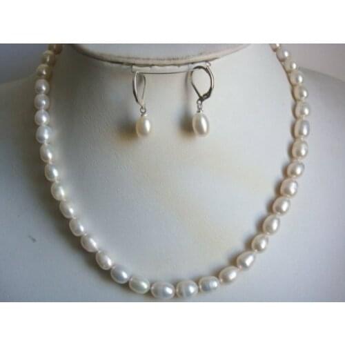 Unique Pearls jewellery Store White Color 7-8mm Rice Freshwater Pearl Necklace Earrings Charming Ladys Gift Jewellery Set