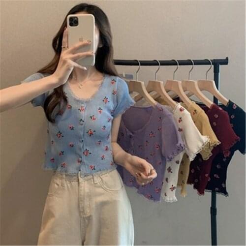 2021 new floral short knit cardigan Korean style lace short sleeve top fashion flower cardigan in spring and summer cropped