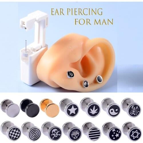 Disposable Sterile Men Ear Piercing Unit Cartilage Tragus Helix Piercing Gun NO PAIN Piercer Tool Machine Kit Logo Fake Plugs