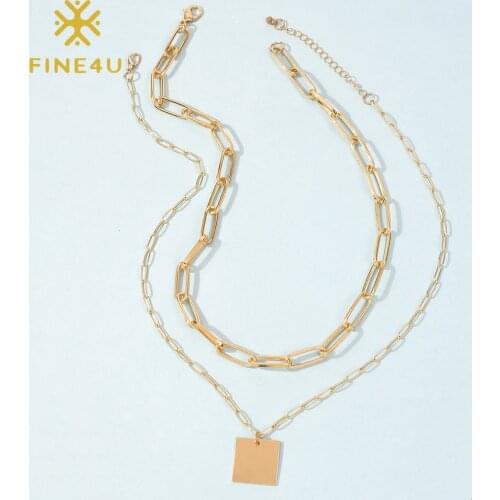 FINE4U N770 Dainty Layered Choker Necklaces Handmade Square Pendant Multilayer Adjustable Layering Chain Necklace for Party