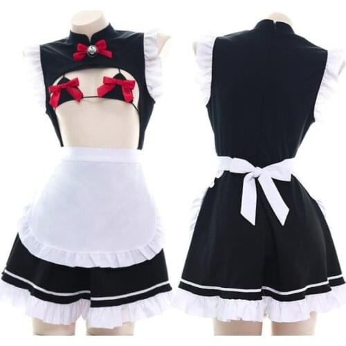 Kawaii Maid Dress Sexy Cute Womens Red Bow Bells Open Chest Exotic Set with Apron