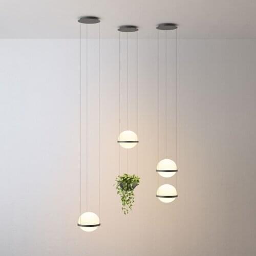 Modern Milk White Glass Ball Pendant Light with Plants Pot for Dining Room Foyer Bar Lobby Suspension Hanging Lamp