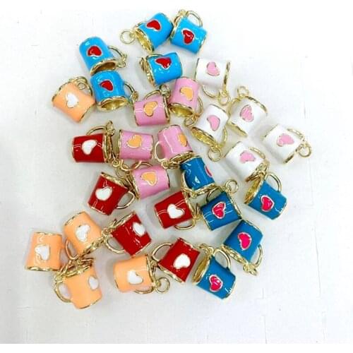 20Pcs Rainbow Enamel Multicolor Drink Tea Milk Coffee Cup with Heart Pattern Gold Filled Jewelry Pendant Charms