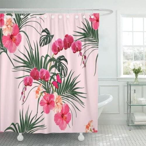 Pink Miami Beautiful Floral Summer with Tropical Palm Leaves Orchid Hibiscus Shower Curtains Perfect 72"x72" Decorative Bath